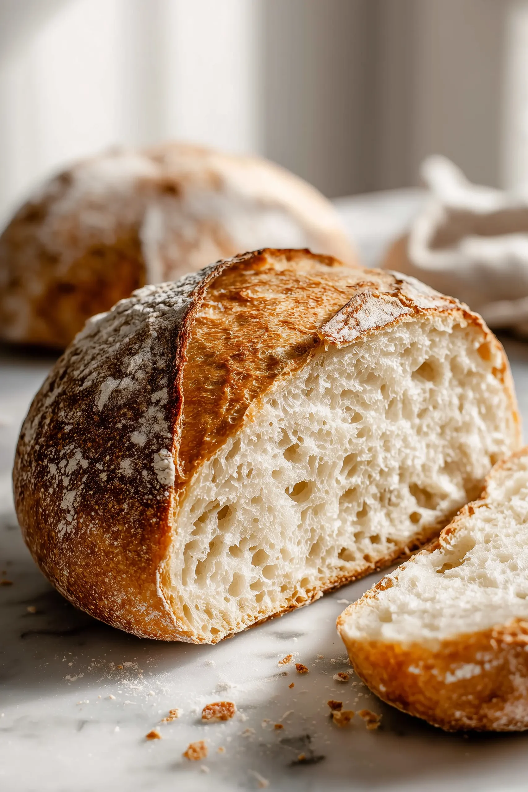 Golden Homemade Ciabatta Bread with an airy crumb, sliced open on bright marble to show the classic texture.