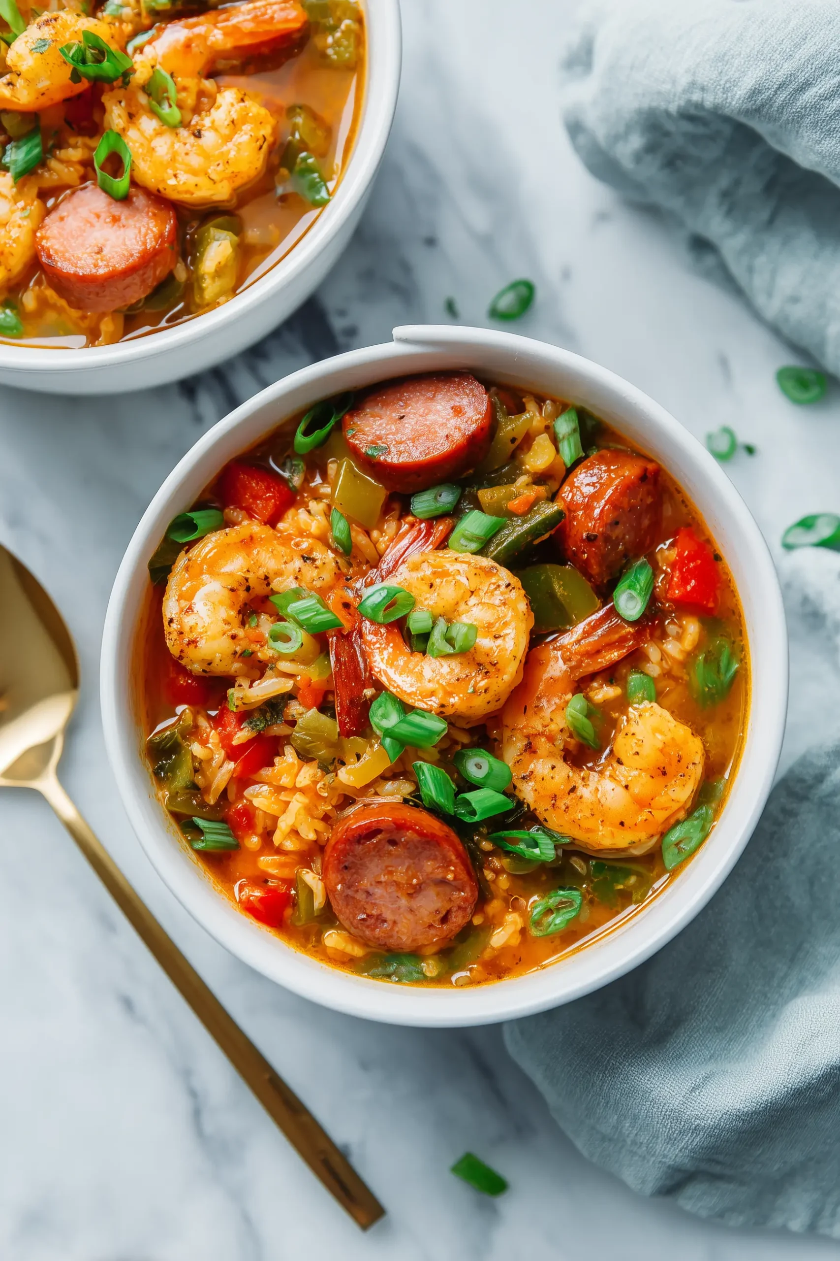 A bowl of Slow Cooker Jambalaya Recipe featuring sausage, chicken, shrimp, and rice with green onions on a white marble surface.