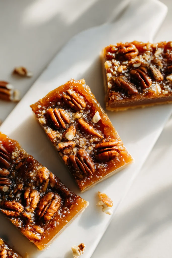 A close-up image of Pecan Pie Bars with golden caramel filling and toasted pecans on a marble surface.