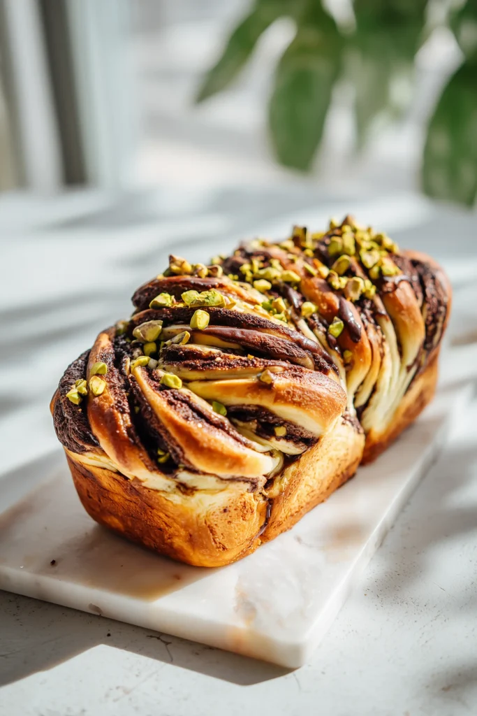 A loaf of Pistachio Chocolate Babka Pull-Apart with chocolate swirls and pistachios on a marble background.