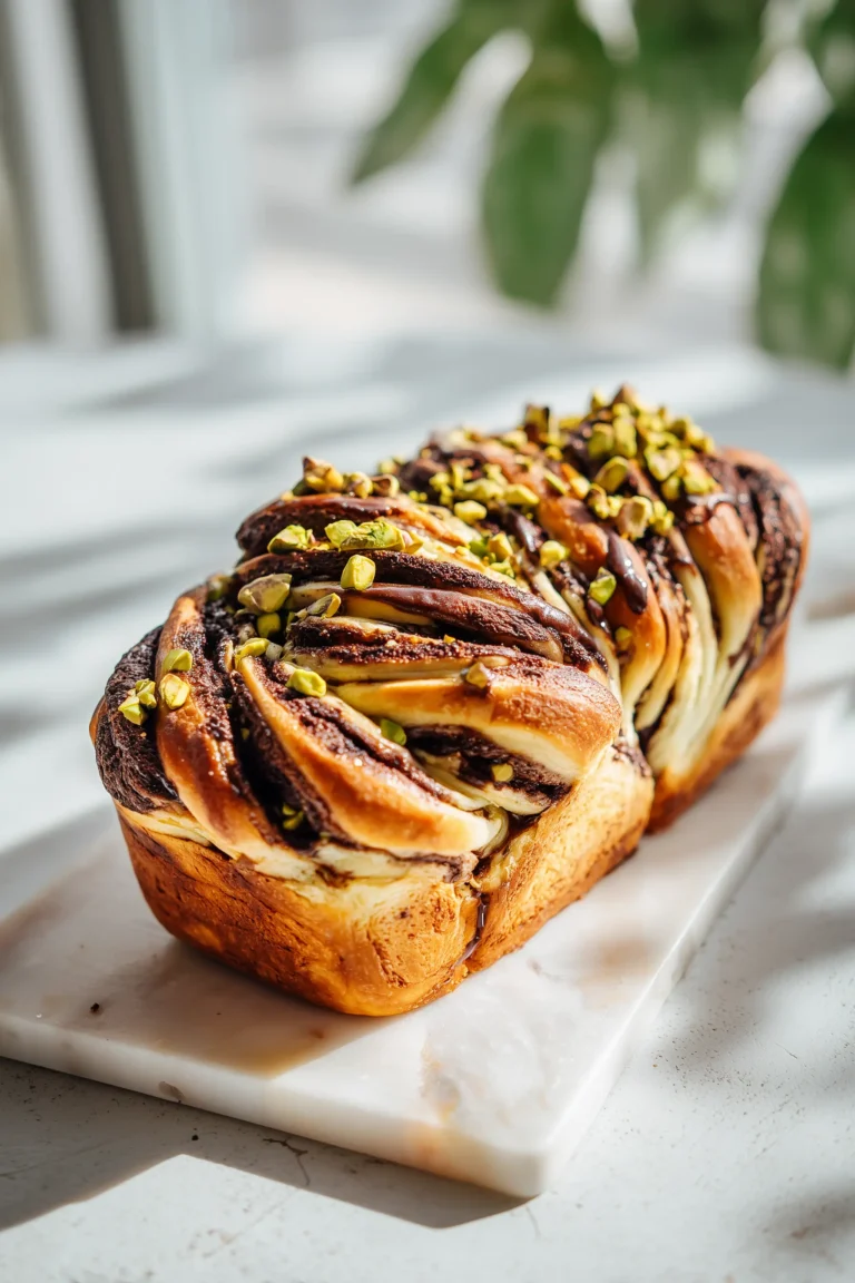 A loaf of Pistachio Chocolate Babka Pull-Apart with chocolate swirls and pistachios on a marble background.