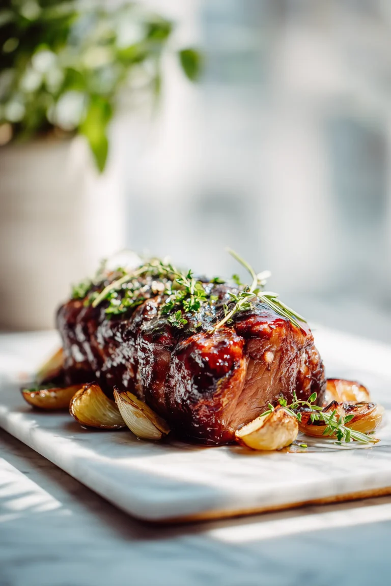 Juicy Slow Cooker Pork Loin with Balsamic Glaze sliced and served with roasted vegetables on a white marble background.