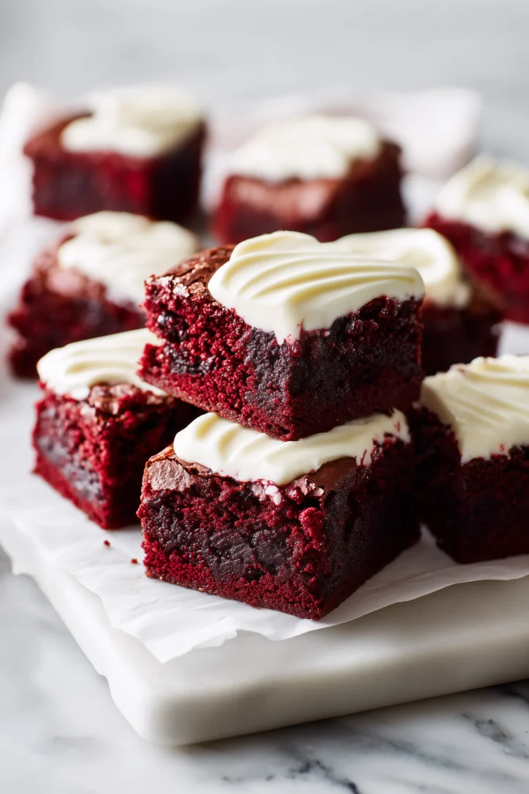 Red velvet brownies displayed on parchment with creamy frosting, showing the fudgy center and vibrant red color.