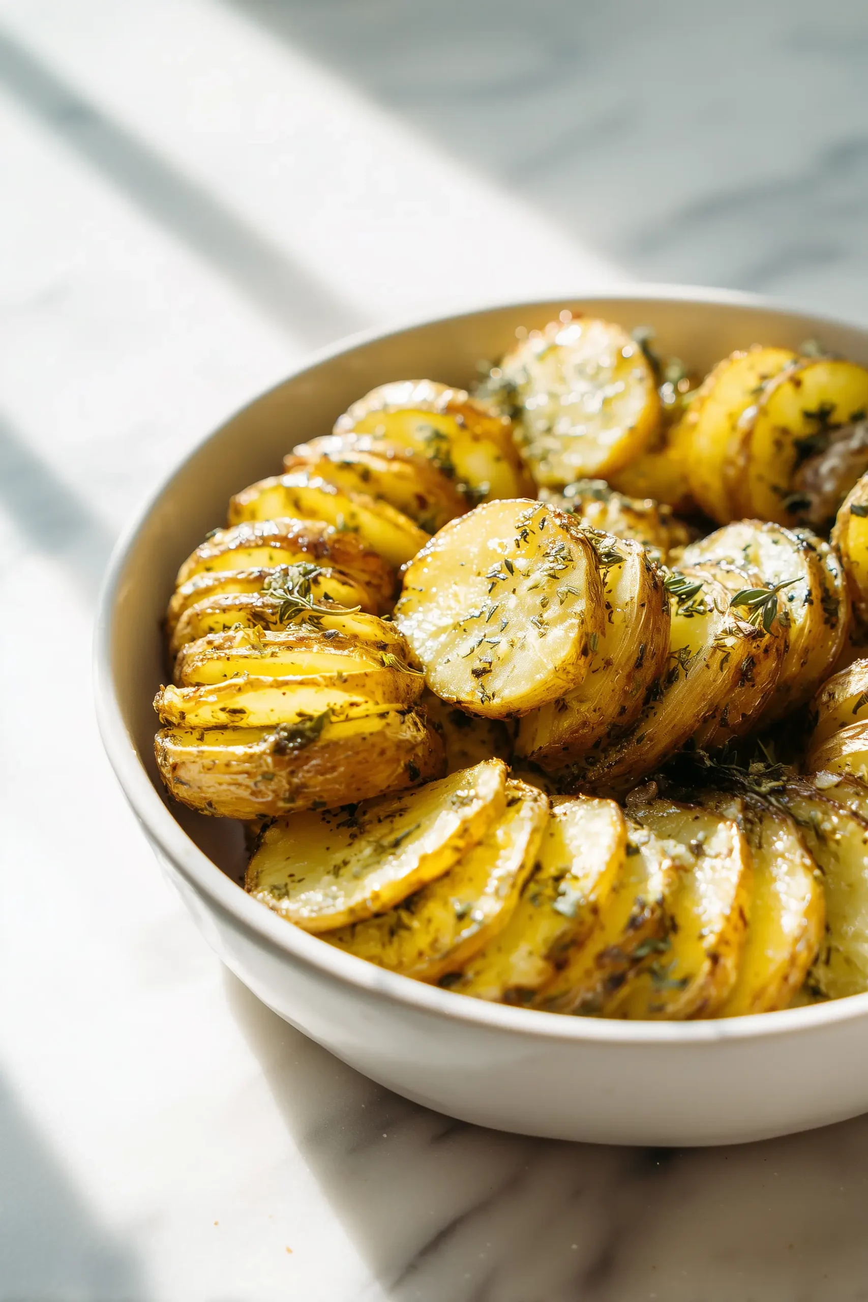 A serving bowl filled with Best Slow Cooker Lipton Onion Potatoes, showing golden edges and creamy centers with herby sprinkle.