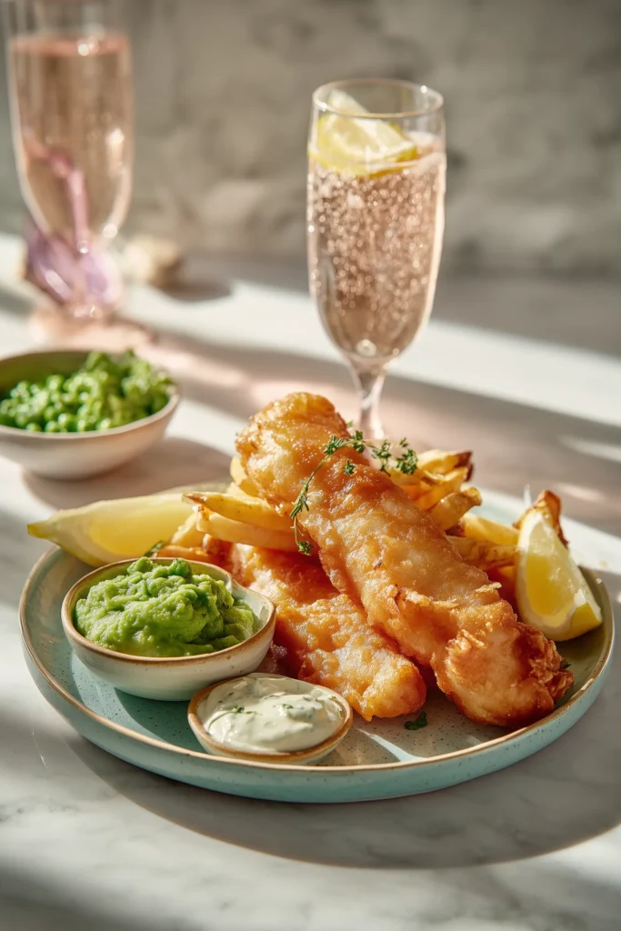 Fish and chips plated with mushy peas, tartar sauce, lemon wedges and a glass of lemonade for a full comfort meal.