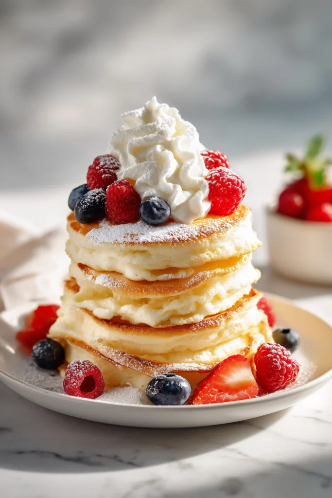 Tall stack of Fluffy Japanese Souffl&eacute; Pancakes with berries and powdered sugar on a white plate.