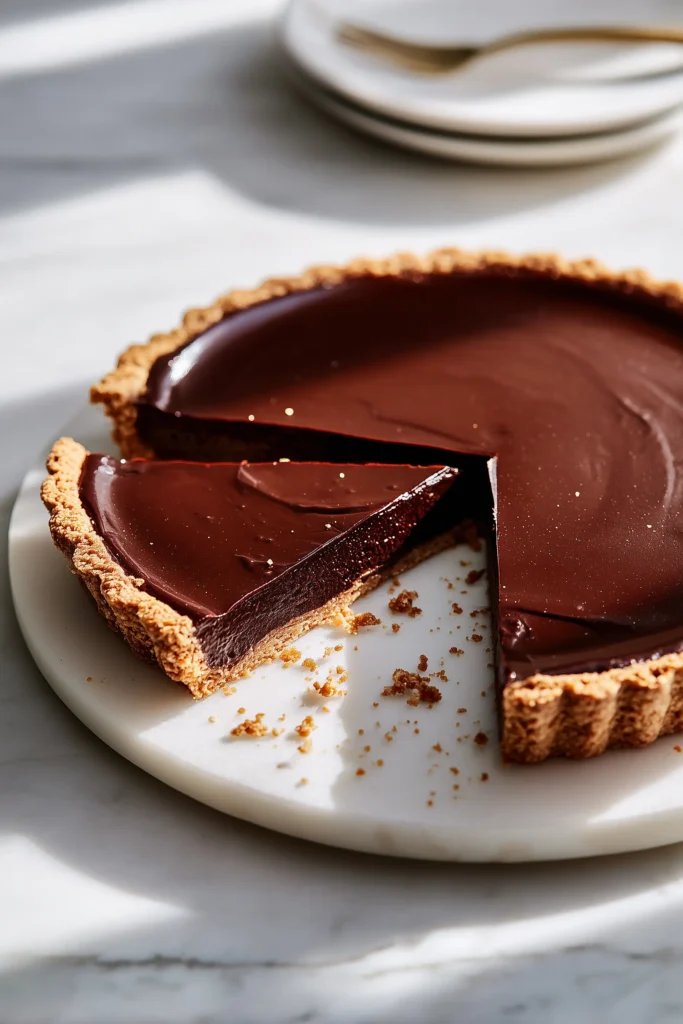 French Chocolate Flan 1 Overhead shot of French chocolate flan with a glossy chocolate custard inside a golden crust on white marble.