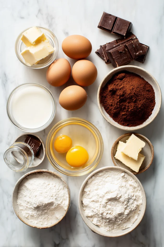 French Chocolate Flan 2 Bright flat-lay of ingredients for French chocolate flan on white marble, including eggs, chocolate, and milk.