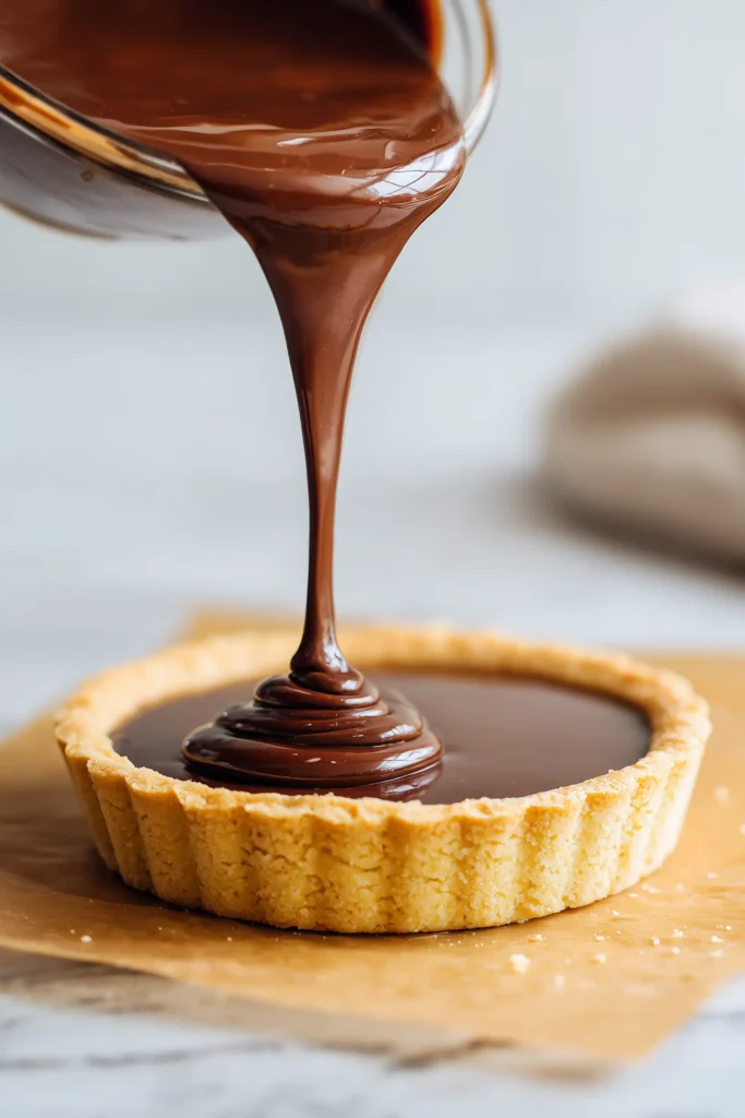 French Chocolate Flan 3 Glossy chocolate custard being poured into a tart crust on a bright surface for French chocolate flan.