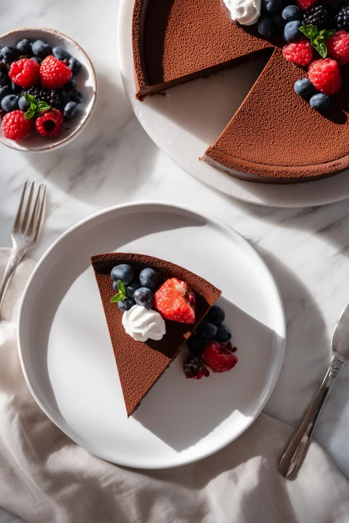French Chocolate Flan 4 French chocolate flan sliced on marble, one piece plated with berries and whipped cream.