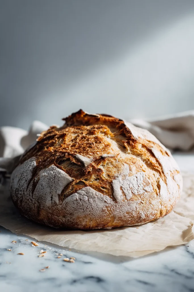 Homemade Ciabatta Bread 3 Freshly baked Homemade Ciabatta Bread with golden crackly crust, flour dusted on parchment over marble.