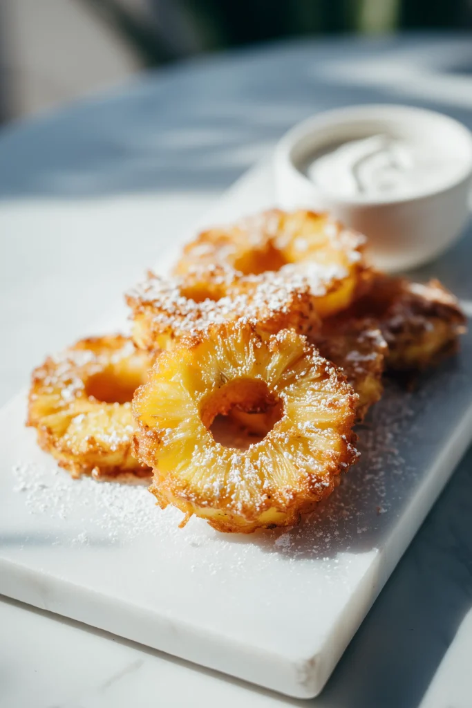 Overhead image of golden, crispy Fried Pineapple Rings arranged on a white marble platter, dusted with powdered sugar.