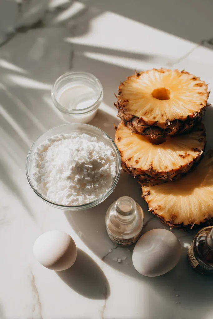 Fried Pineapple Rings Crispy, Caramelized & Totally Addictive 2 Overhead shot of ingredients for Fried Pineapple Rings laid out on a marble surface.