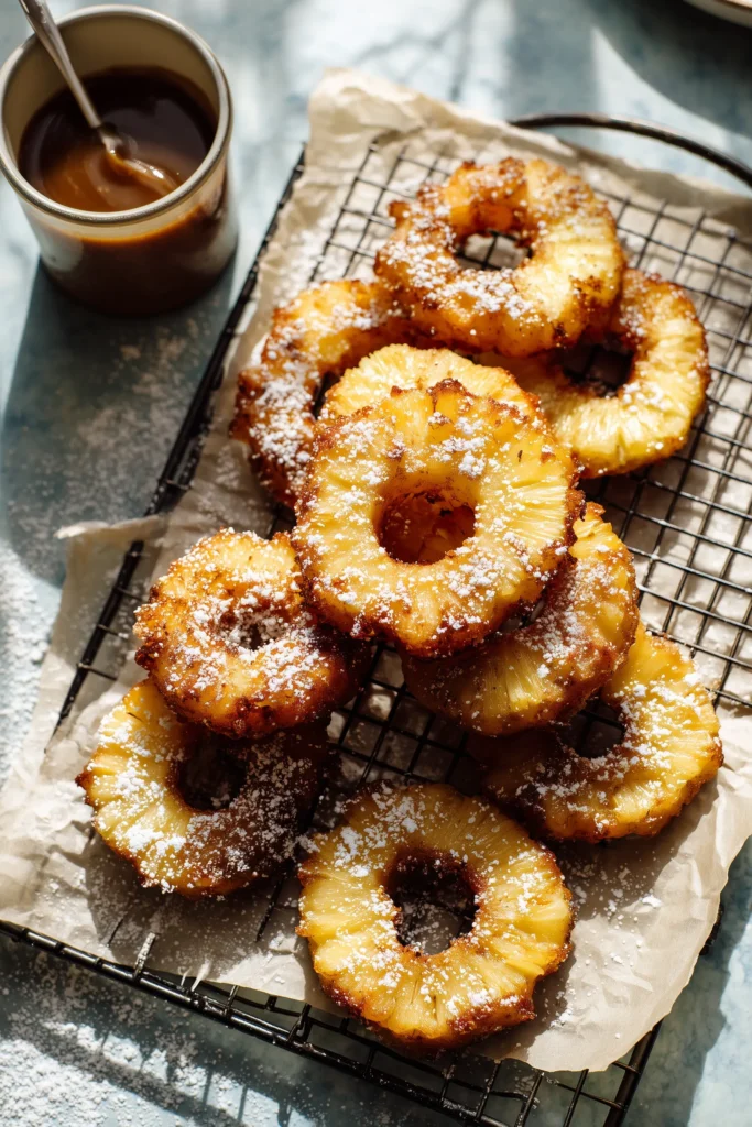 Fried Pineapple Rings Crispy, Caramelized & Totally Addictive 3 Fried Pineapple Rings stacked on a cooling rack with caramel dip and a dusting of powdered sugar.