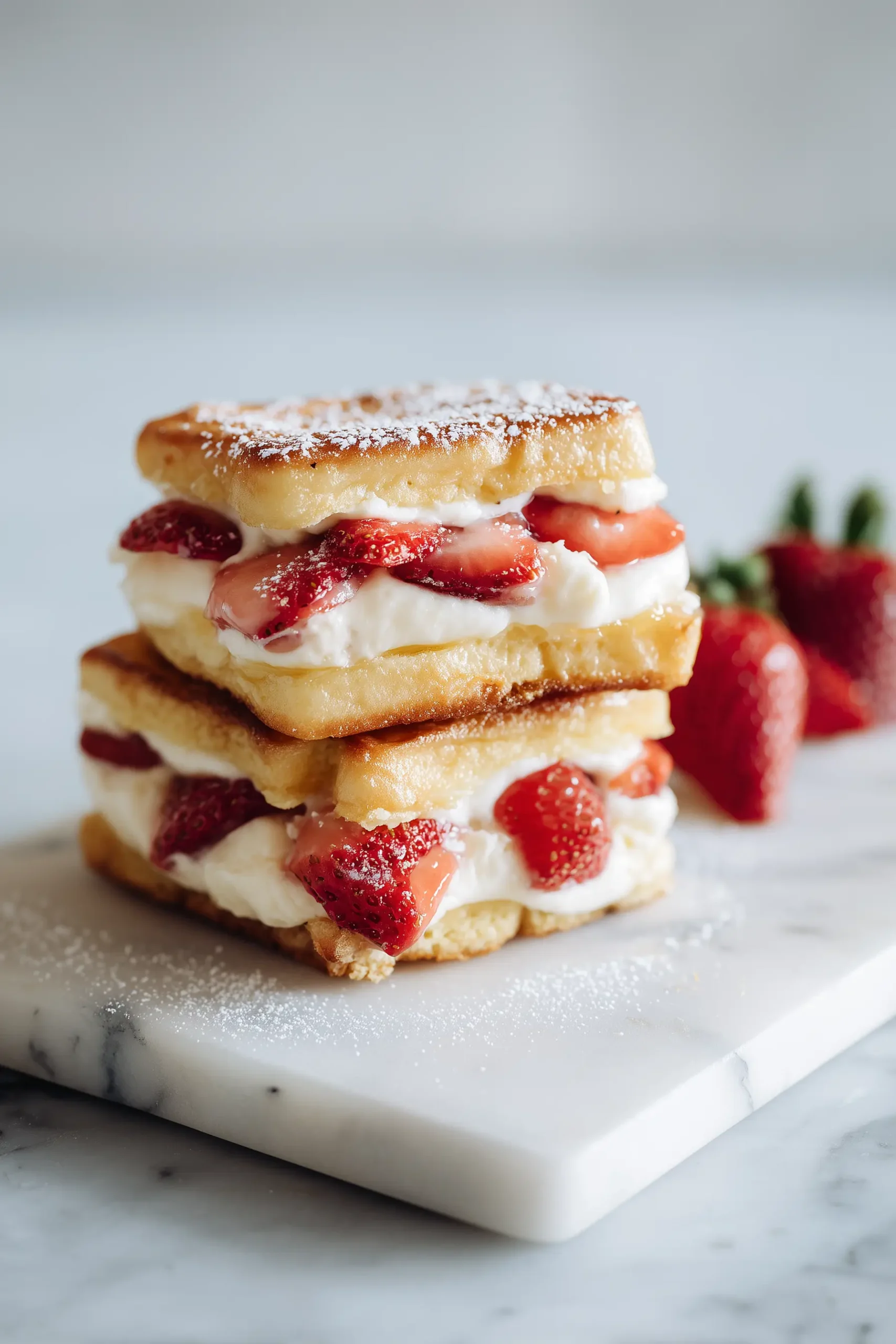 Stack of Fried Strawberry Cheesecake Sandwiches showing golden crisp bread and a creamy, strawberry-filled center.