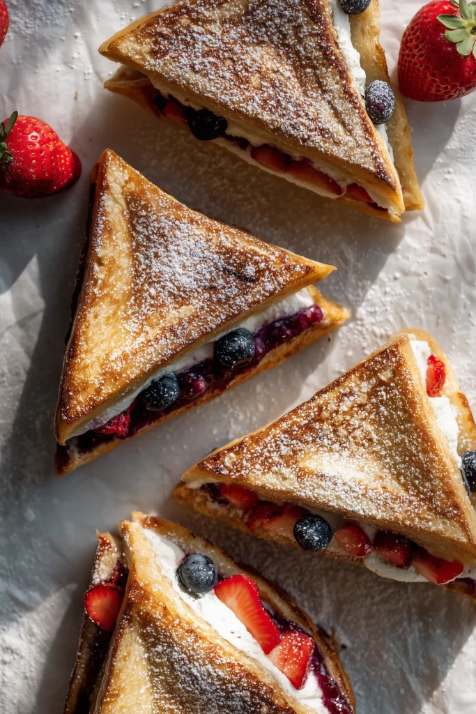 Triangles of Fried Strawberry Cheesecake Sandwiches, some with blueberries, dusted with sugar.