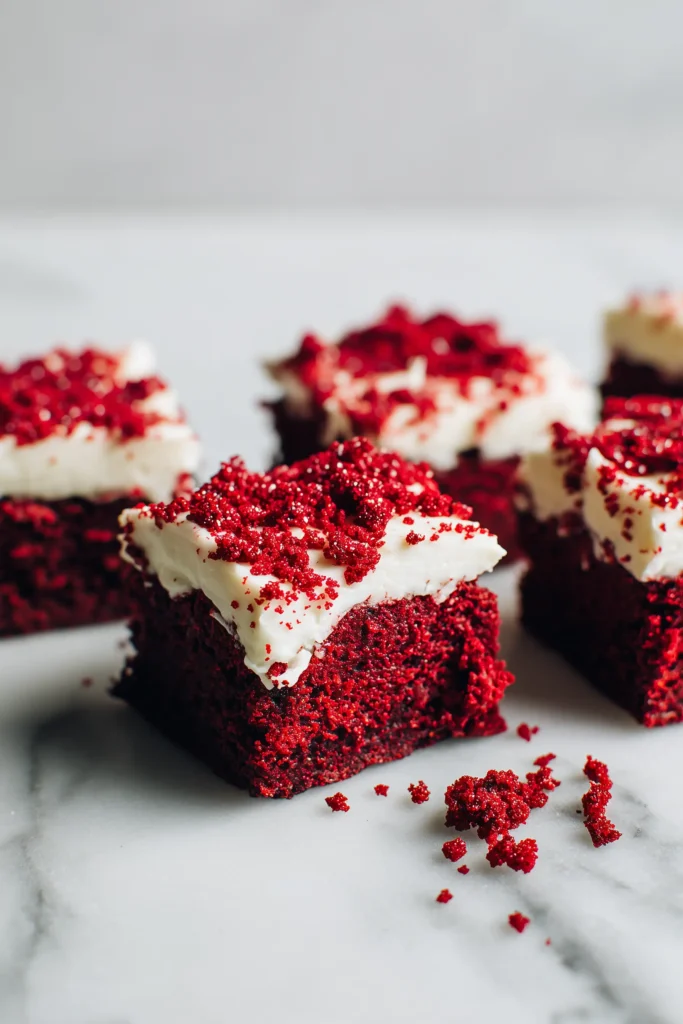 Close-up of frosted red velvet brownies showing texture, vibrant color, and creamy topping.