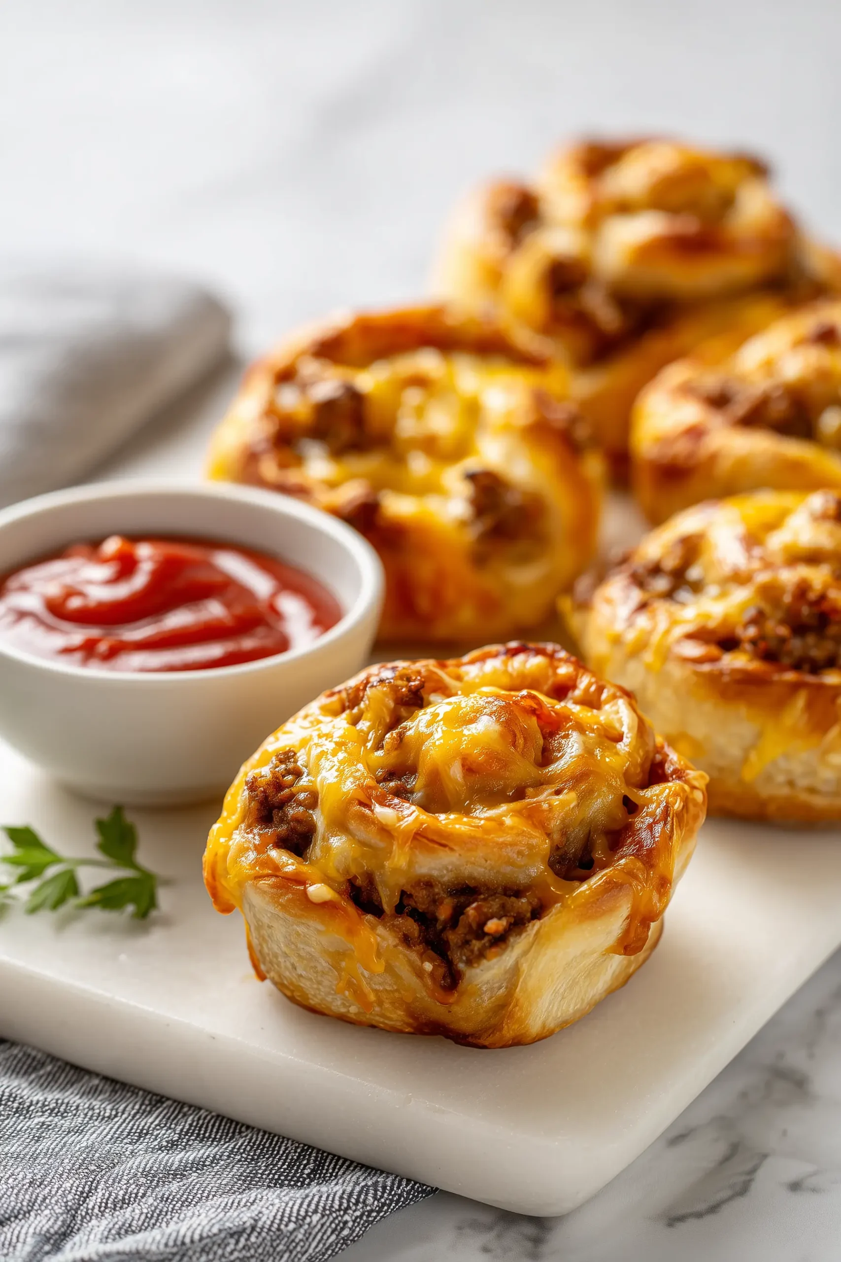 A plate of Garlic Butter Cheeseburger Rollups with golden crusts and cheesy centers on a bright marble board.
