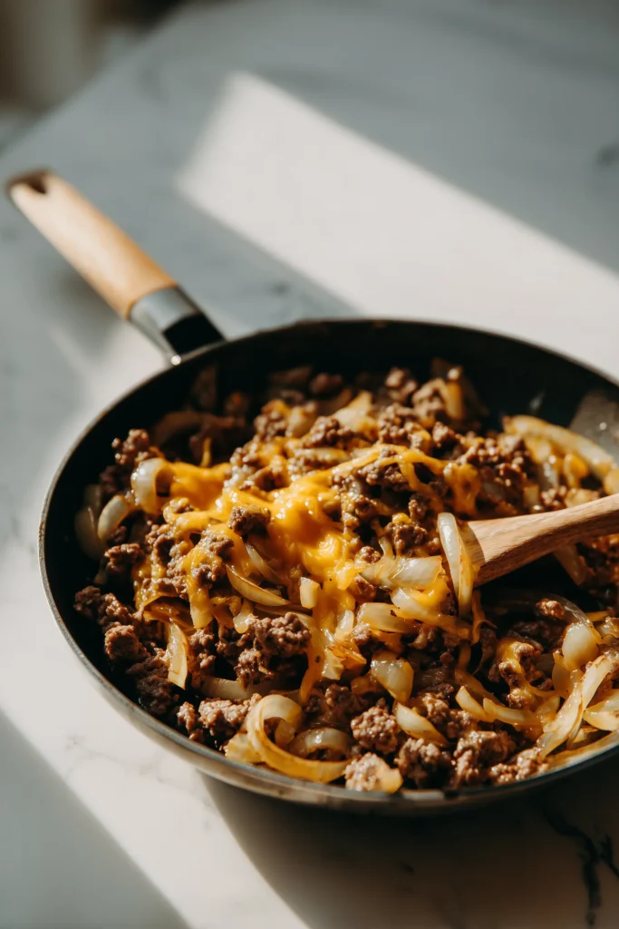 Garlic Butter Cheeseburger Rollups 2 Bubbly skillet with beef, melted cheese, and onions for Garlic Butter Cheeseburger Rollups.