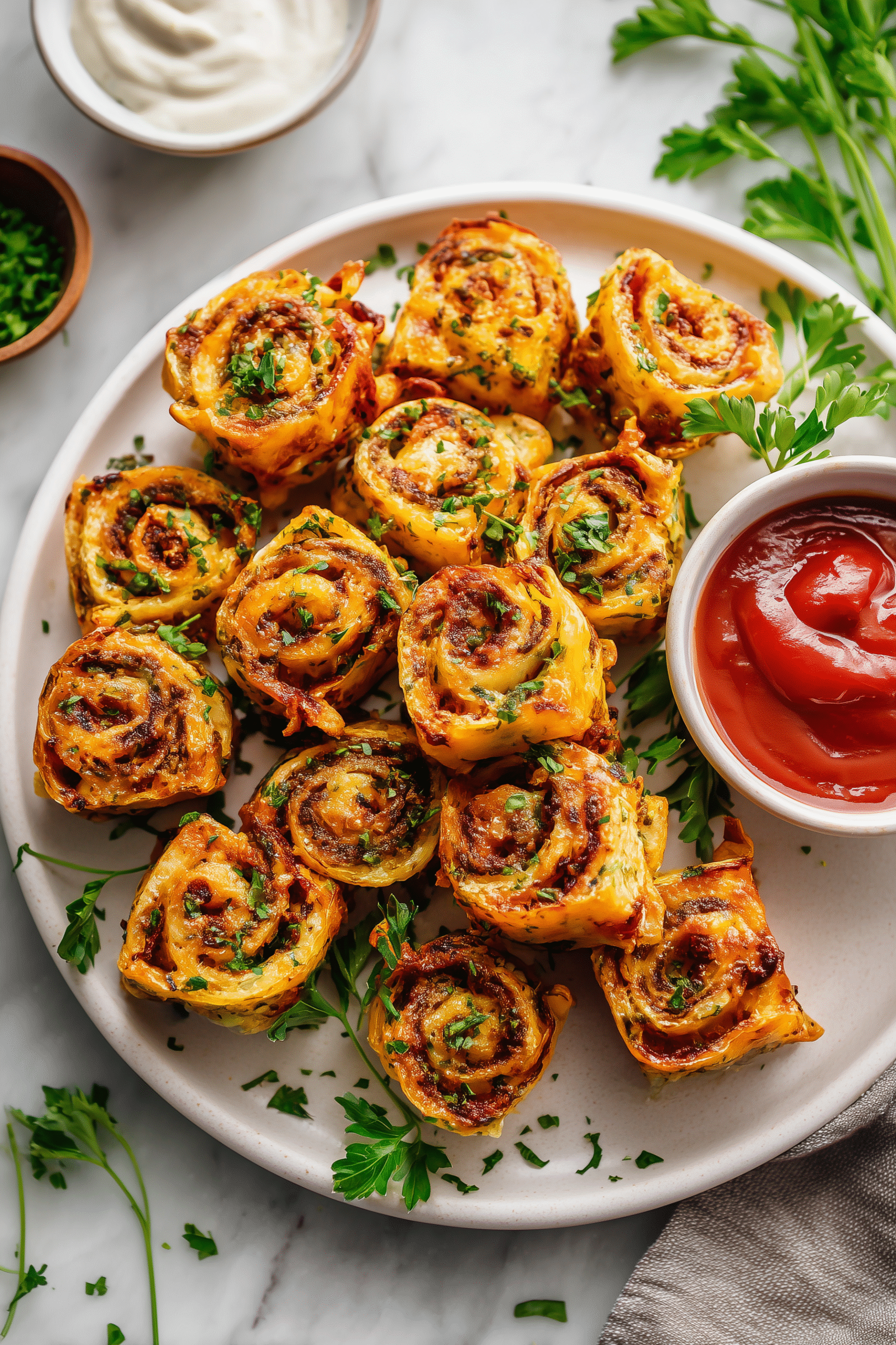 Garlic Butter Cheeseburger Rollups 4 Platter of Garlic Butter Cheeseburger Rollups with ranch and ketchup dipping sauces, garnished with parsley.