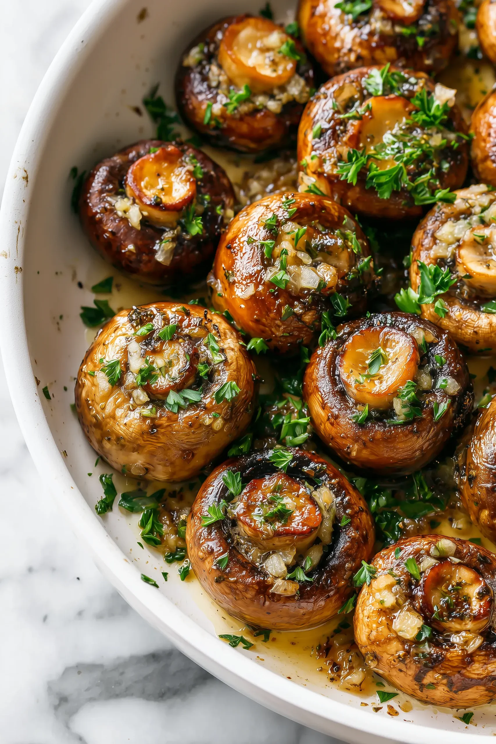 Golden Garlic Butter Mushrooms glistening in butter with fresh parsley in a white skillet.