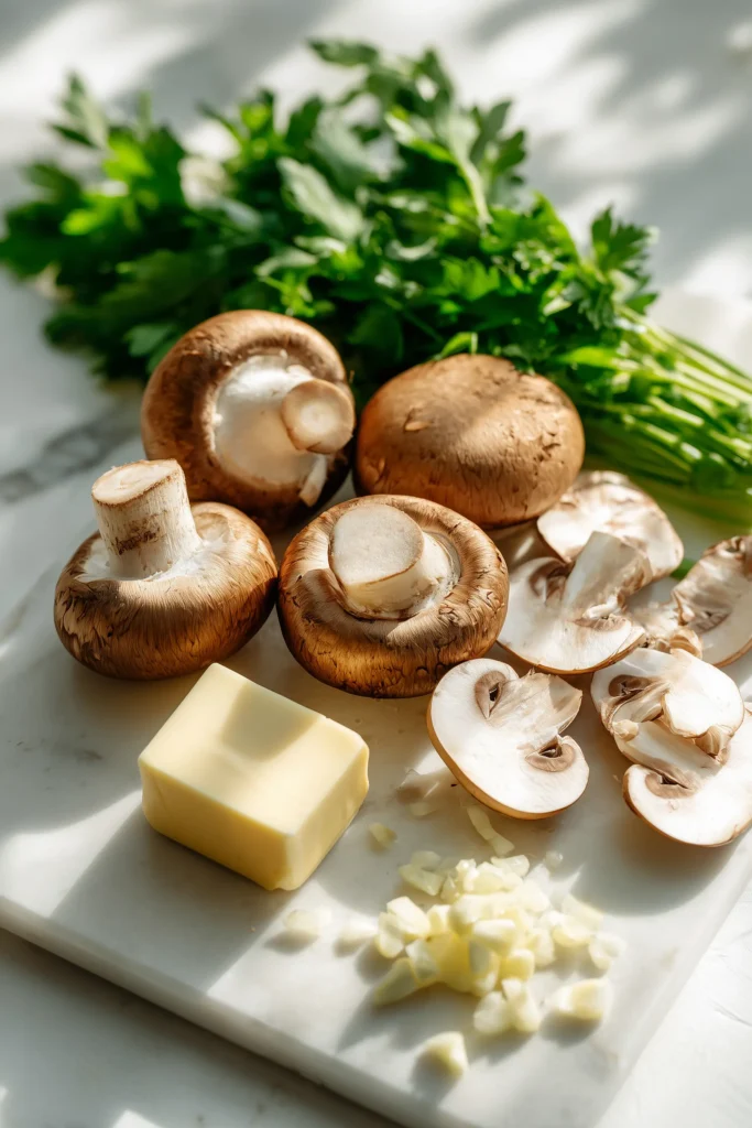 Garlic Butter Mushrooms 2 Cremini mushrooms, garlic, butter, and parsley prepped for making Garlic Butter Mushrooms.