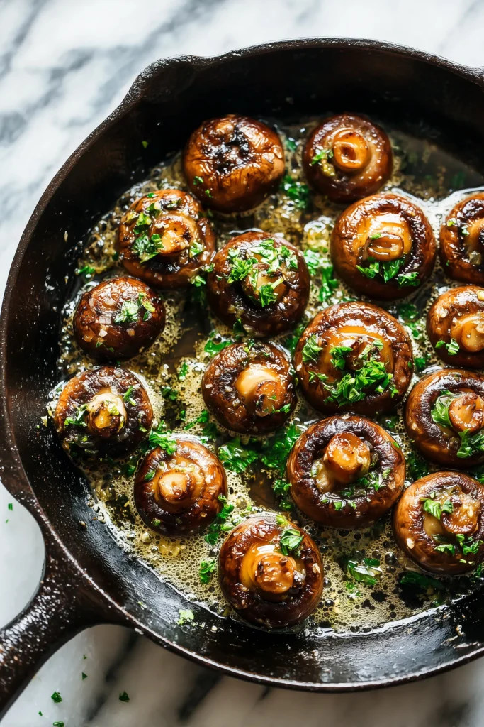 Garlic Butter Mushrooms 3 Mushrooms caramelizing in butter and garlic, starting to brown for perfect Garlic Butter Mushrooms.