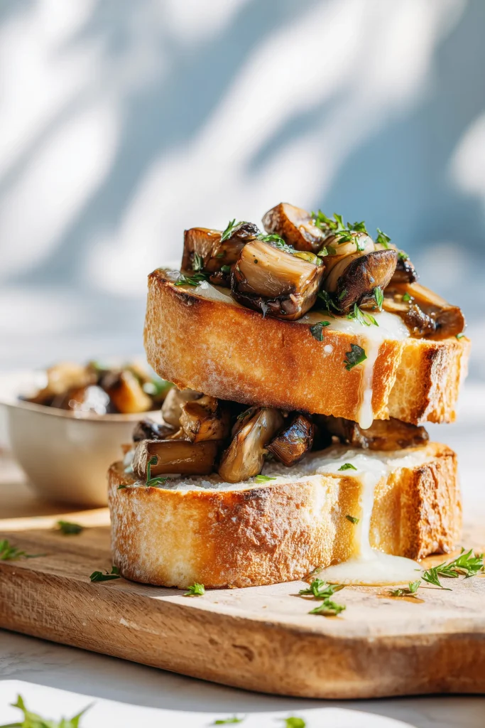 Garlic Butter Mushrooms 4 Garlic Butter Mushrooms served on thick toast with butter sauce and fresh parsley.