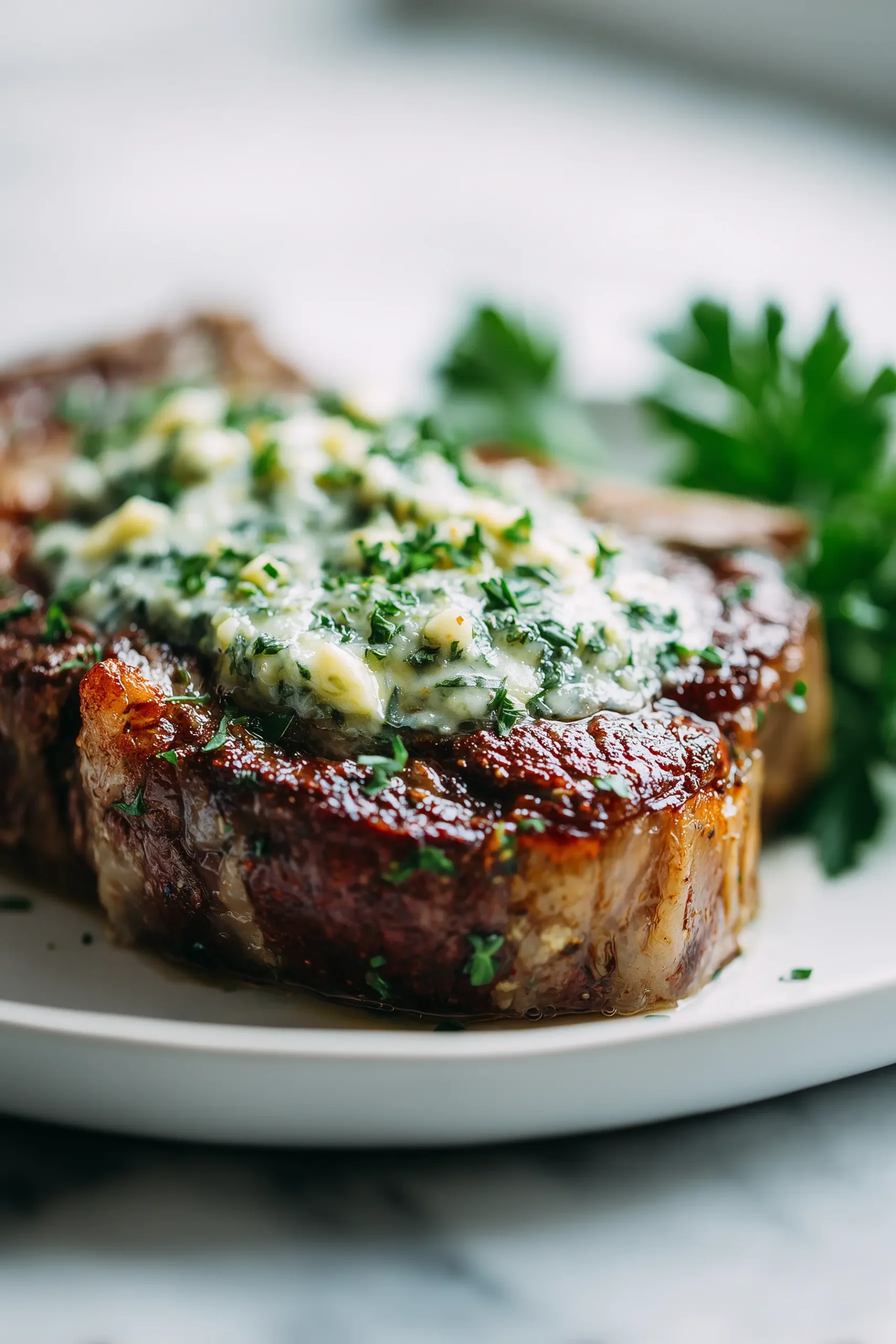 A ribeye steak with golden crust topped with creamy garlic Parmesan sauce and fresh parsley, perfectly capturing Garlic Parmesan Ribeye Steak.
