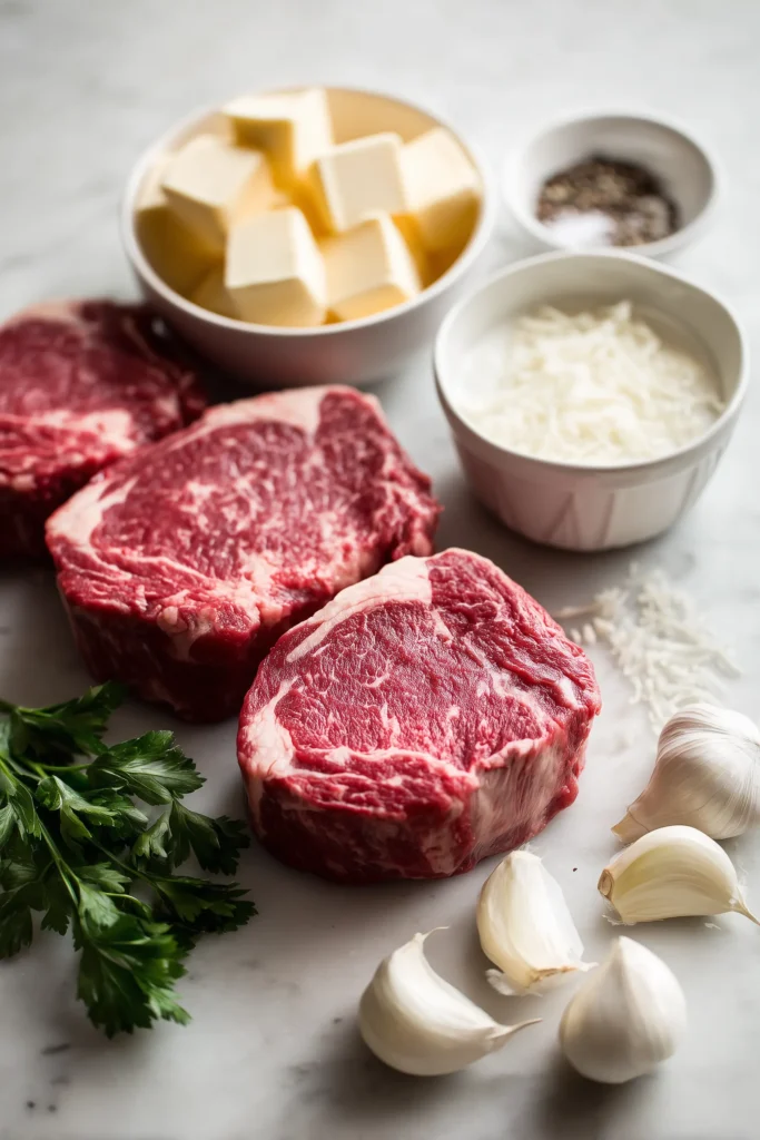Ingredients for Garlic Parmesan Ribeye Steak, including ribeye, Parmesan, garlic, butter and seasonings, arranged on a marble counter.