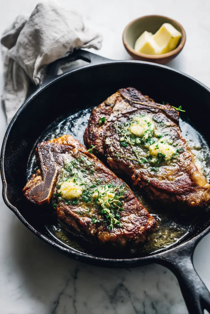 Thick ribeye steaks searing in a skillet with golden garlic butter, perfect for Garlic Parmesan Ribeye Steak.