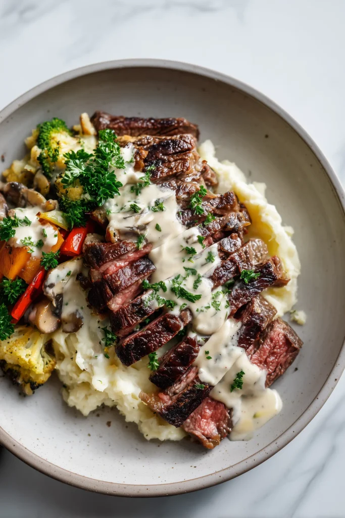 Sliced Garlic Parmesan Ribeye Steak on a plate with creamy sauce, mashed potatoes, and roasted vegetables.