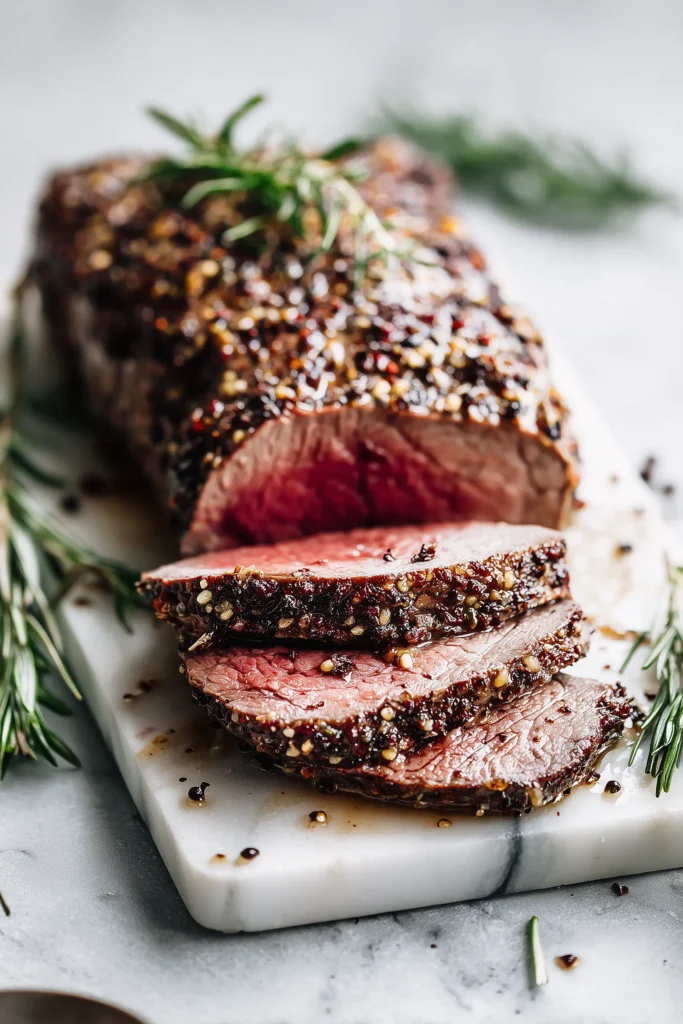 Garlic Peppercorn Crusted Beef Tenderloin sliced on a marble platter, showing pepper crust and juice.