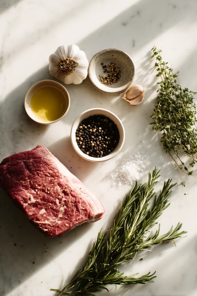 Ingredients for Garlic Peppercorn Crusted Beef Tenderloin laid out on marble, including tenderloin and seasonings.