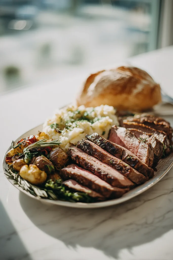 Garlic Peppercorn Crusted Beef Tenderloin slices with mashed potatoes, veggies, and bread on a bright table.