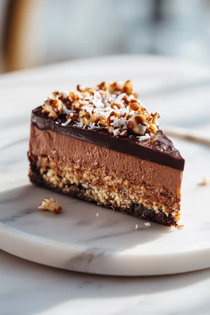 German Chocolate Cheesecake 1 A close-up of German Chocolate Cheesecake on marble, with coconut-pecan topping and chocolate crust.