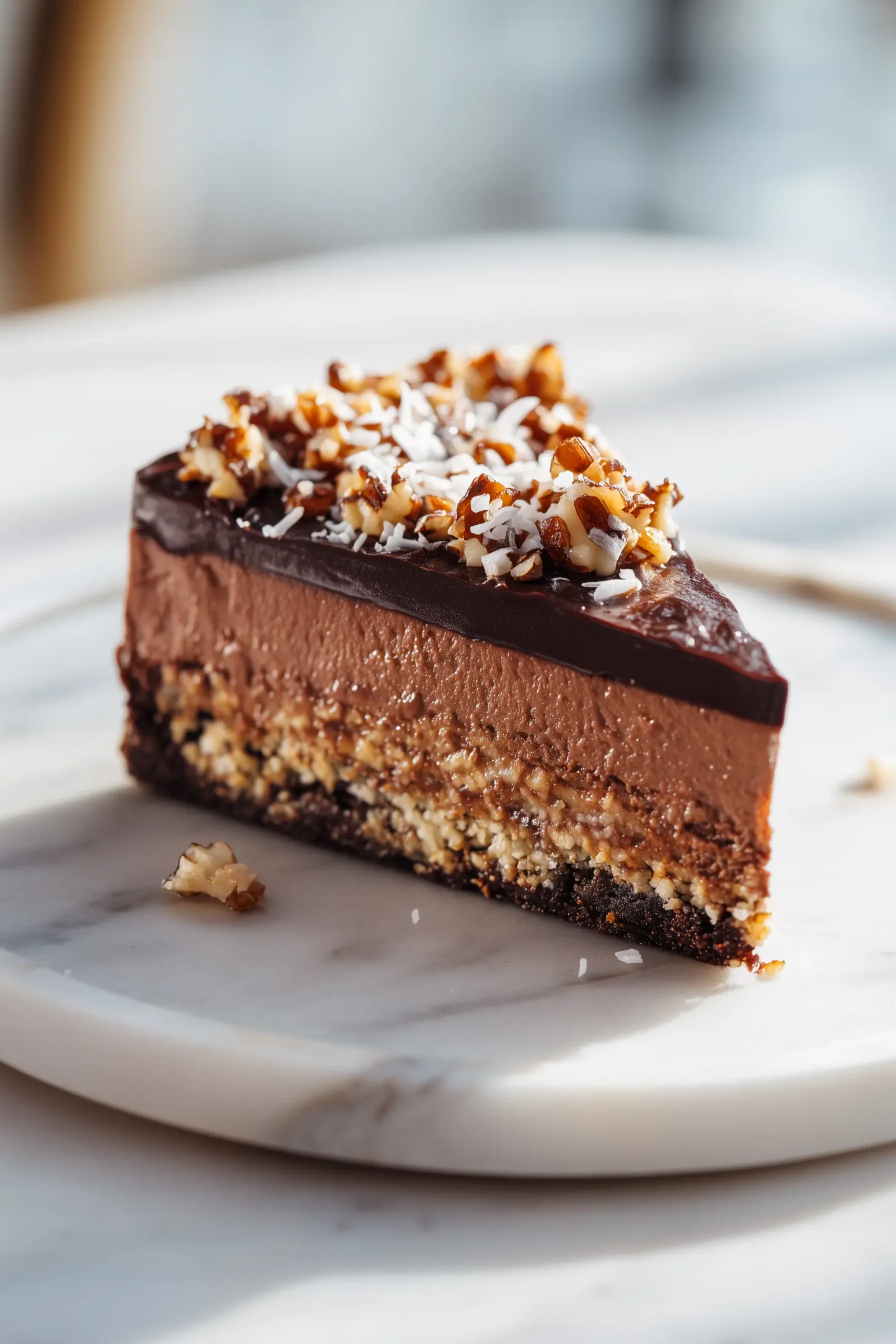 German Chocolate Cheesecake 5 A close-up of German Chocolate Cheesecake on marble, with coconut-pecan topping and chocolate crust.