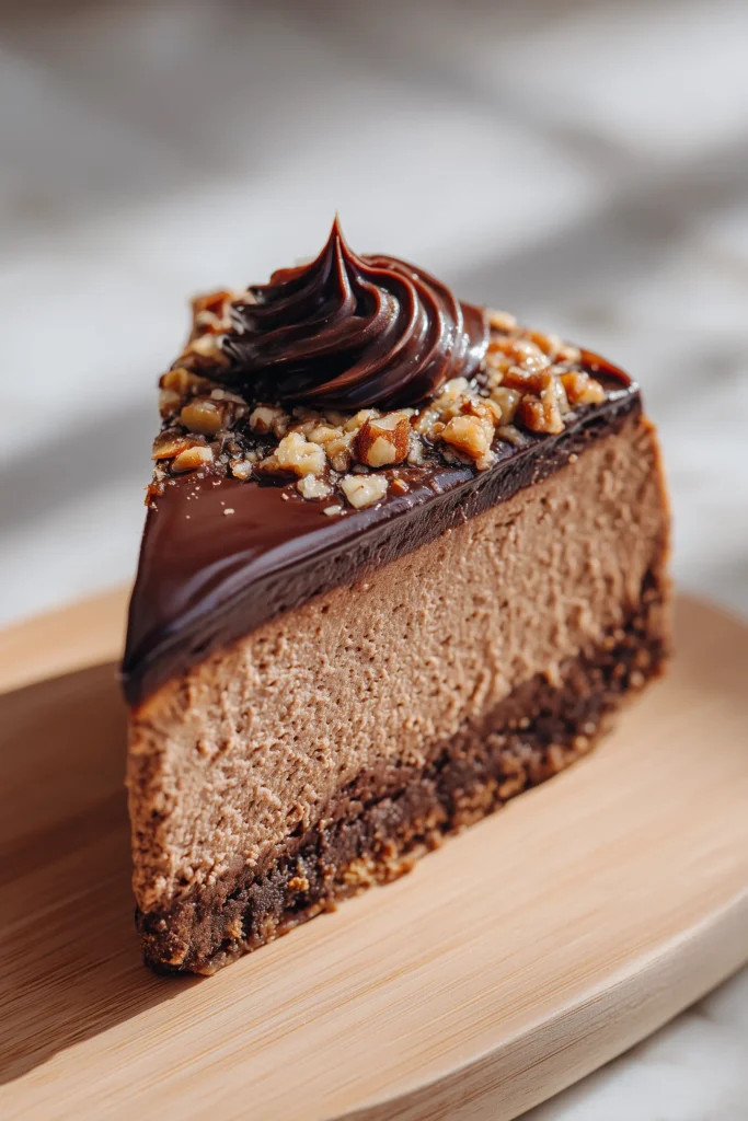 German Chocolate Cheesecake 4 Single slice of German Chocolate Cheesecake on wood, topped with coconut-pecan and chocolate ganache.