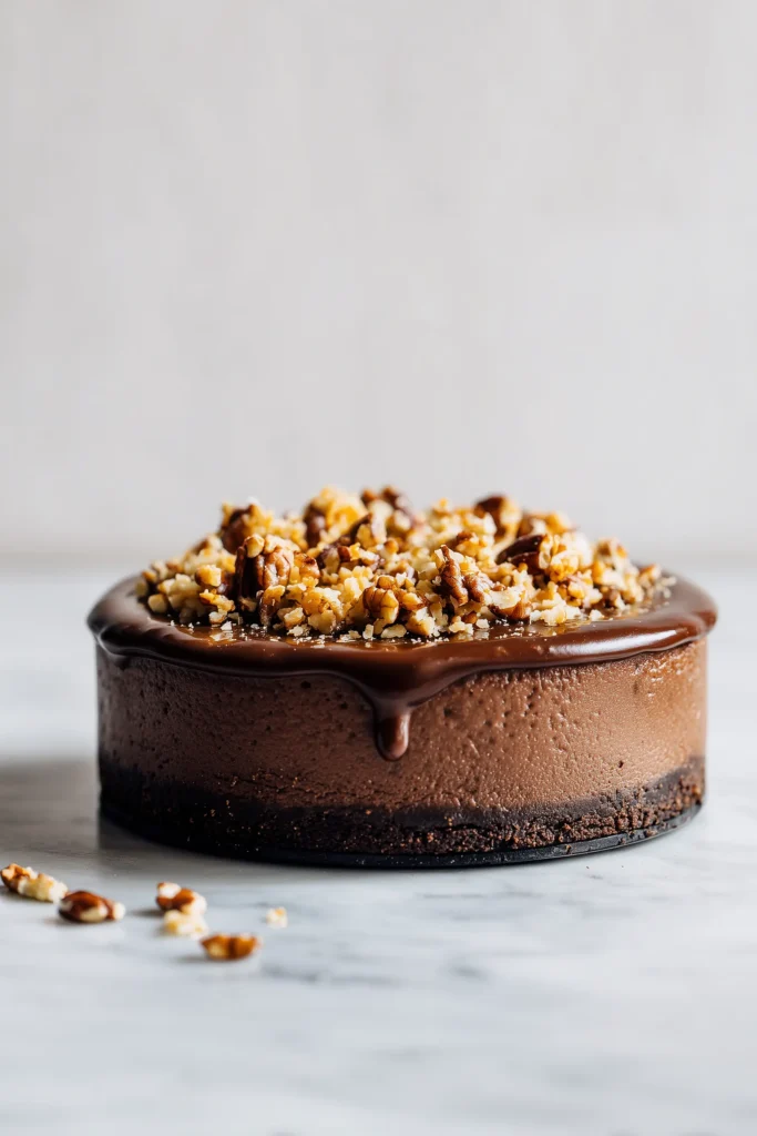 German Chocolate Cheesecake 2 Whole German Chocolate Cheesecake on a bright marble background, topped with coconut-pecan layer.