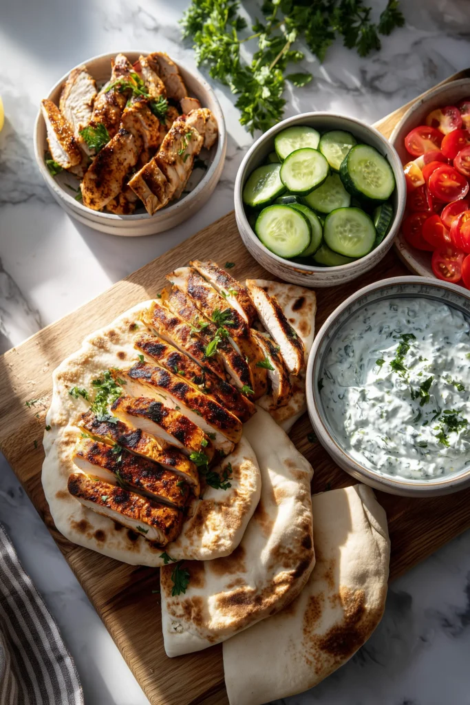 Overhead shot of Greek Chicken Gyros ingredients on a board: chicken, pita, tzatziki, and veggies.