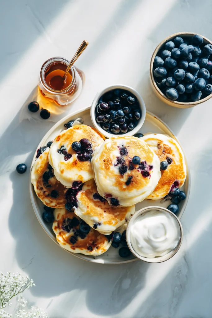A brunch board with Greek Yogurt Pancakes with Fresh Blueberries, Greek yogurt, and maple syrup, ready to serve.