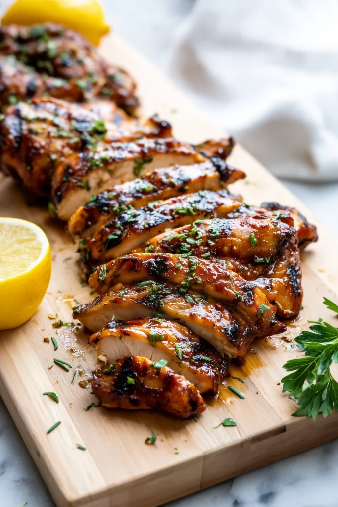 Close-up of grilled Greek Chicken Gyros chicken sliced on a light wood board with herbs and lemon.