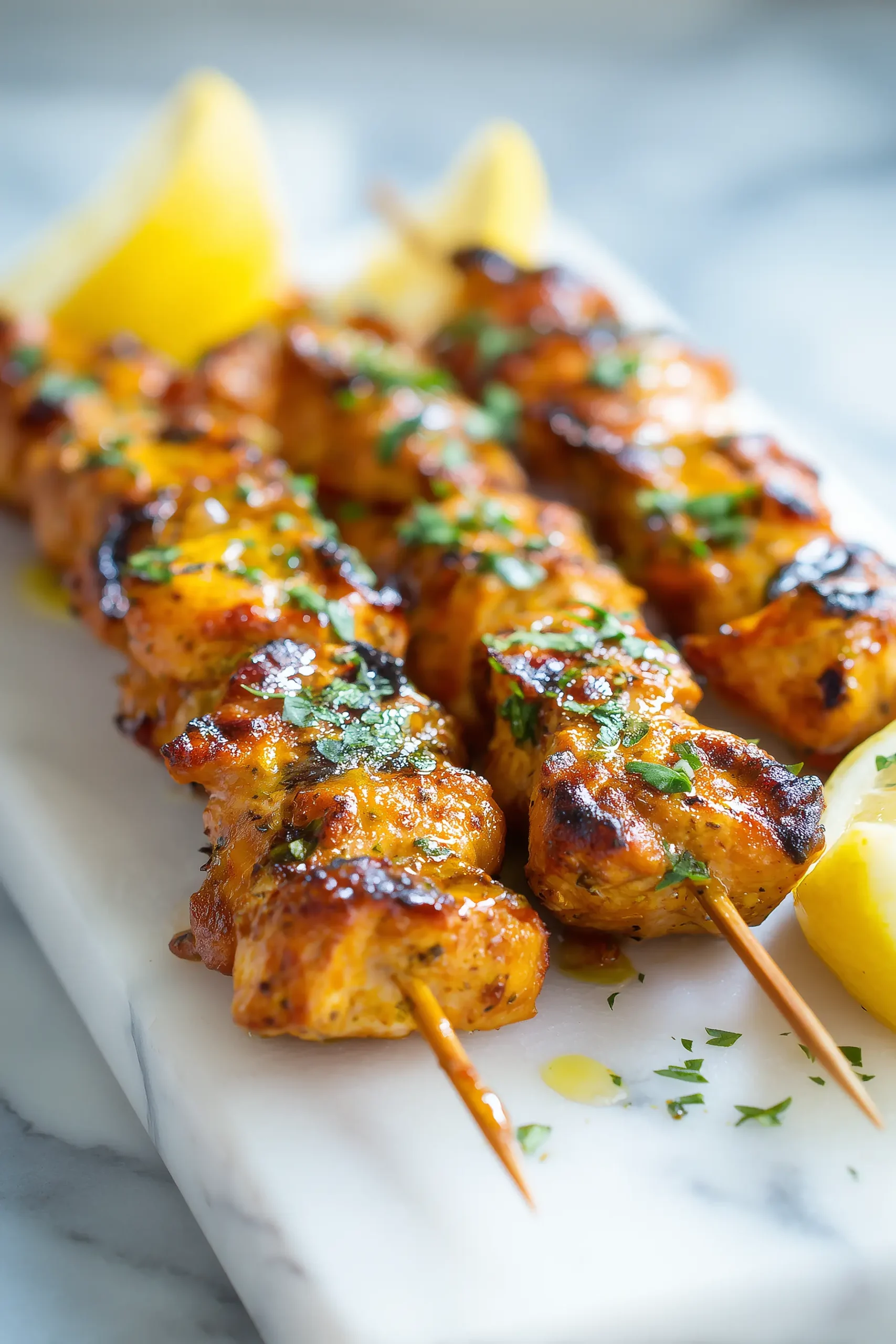 A platter of Grilled Cowboy Butter Chicken Skewers, glistening with cowboy butter, herbs, and lemon on a light background.