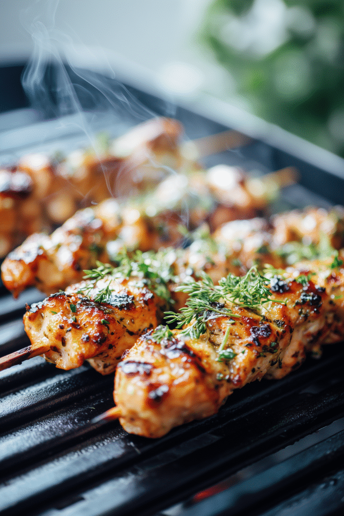 Chicken skewers getting golden and juicy on a hot grill for Grilled Cowboy Butter Chicken Skewers.