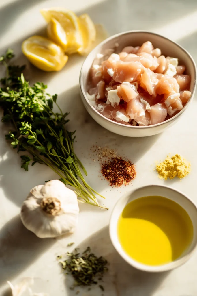 Chopped chicken, butter, garlic, herbs, lemon and spices on a white marble background, for Grilled Cowboy Butter Chicken Skewers.