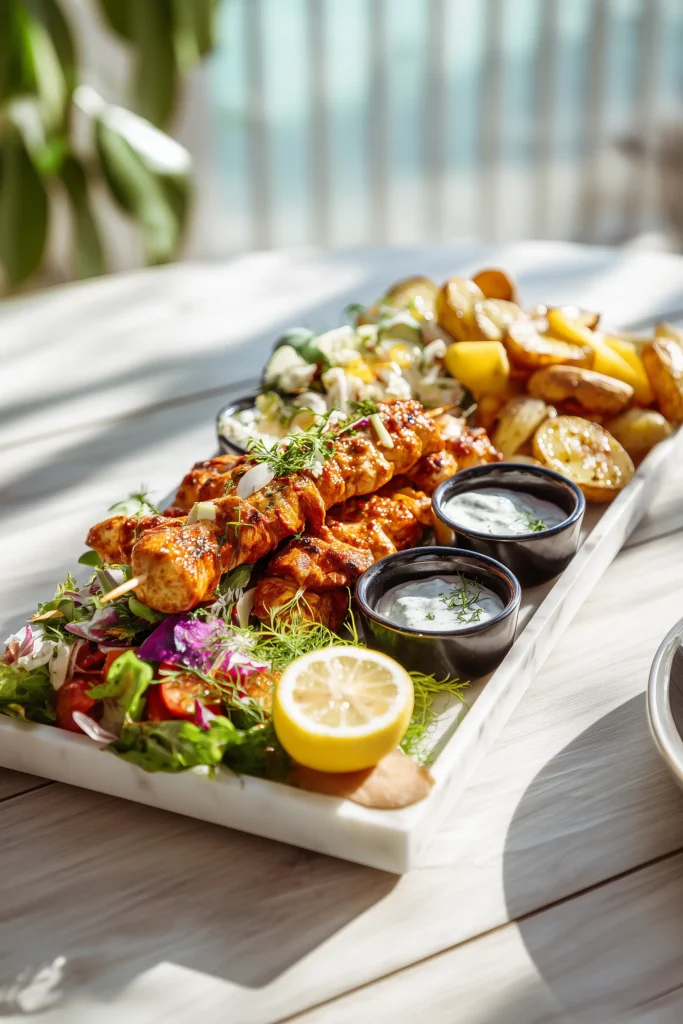 A family platter with Grilled Cowboy Butter Chicken Skewers, roasted potatoes, and salad, arranged for sharing.
