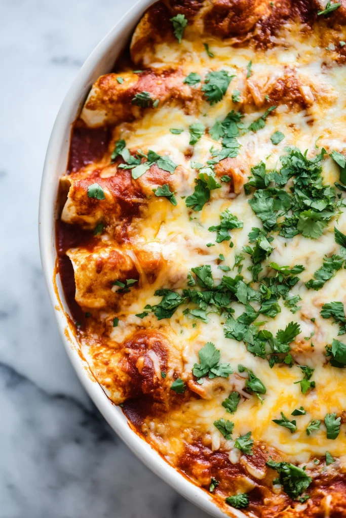 Ground Beef Enchiladas 1 Casserole dish of Ground Beef Enchiladas with golden cheese on top and fresh cilantro garnish.
