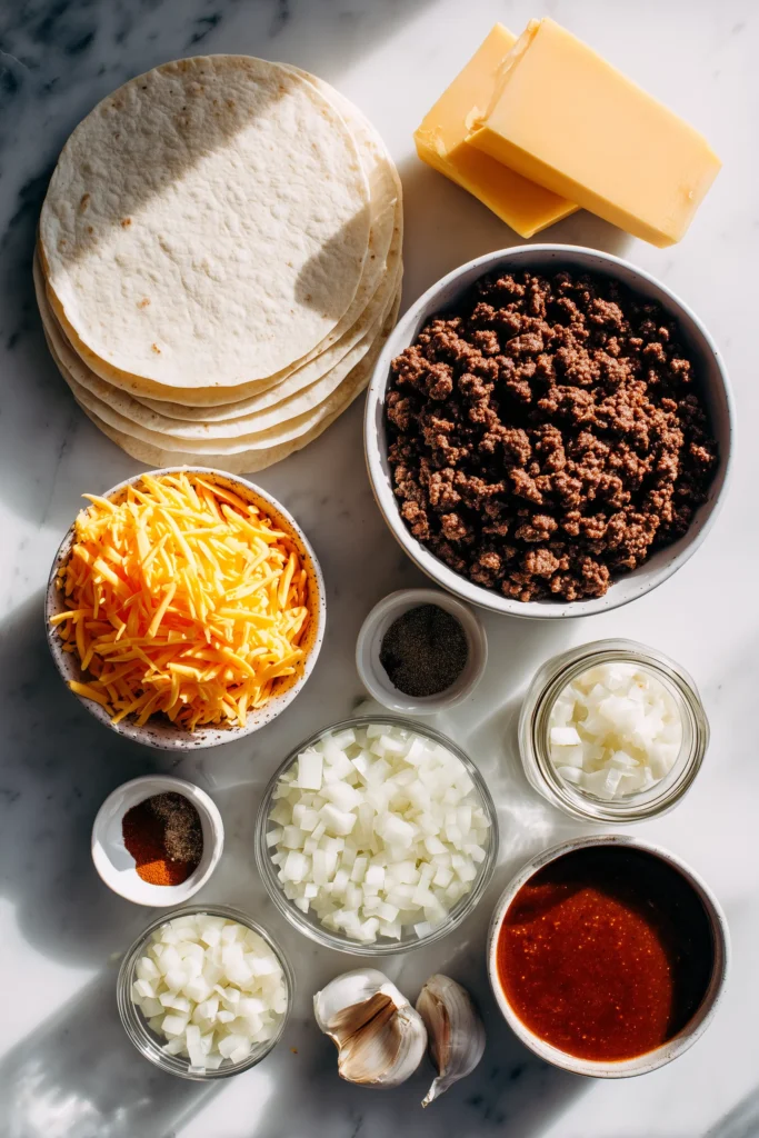 Ground Beef Enchiladas 2 Overhead view of ingredients including beef, tortillas, cheese, onion, and enchilada sauce for Ground Beef Enchiladas.