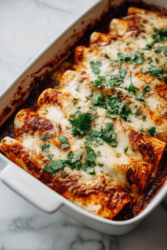 Ground Beef Enchiladas 3 Tortillas being filled with beef and cheese, rolled up and placed in a dish for Ground Beef Enchiladas.