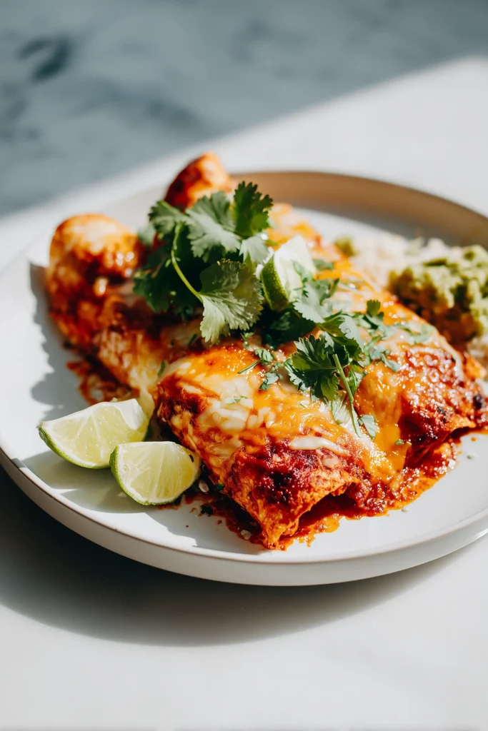 Ground Beef Enchiladas 4 Plated Ground Beef Enchiladas with melted cheese, guacamole, cilantro, and lime wedges.